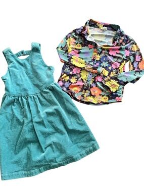 Finding Foxtail Girls Floral Shirt and Teal Corduroy Pinafore Dress Set, Size 7